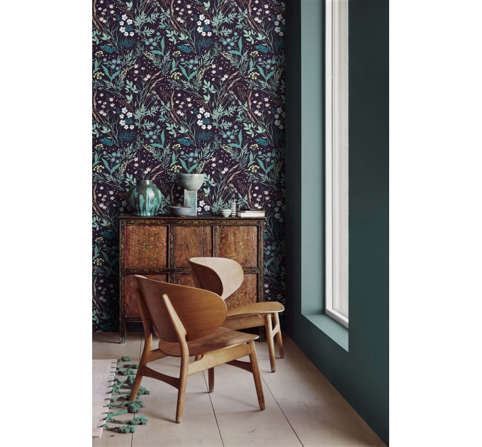 Dark botanical wallpaper, floral vintage design
