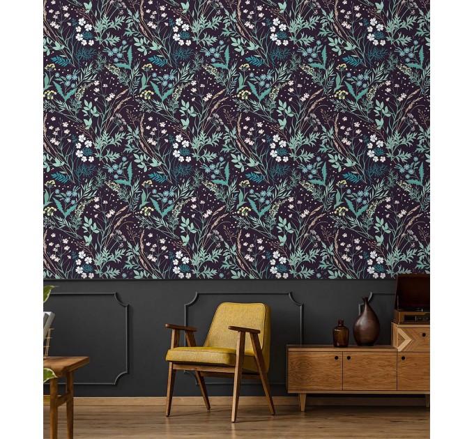 Dark botanical wallpaper, floral vintage design