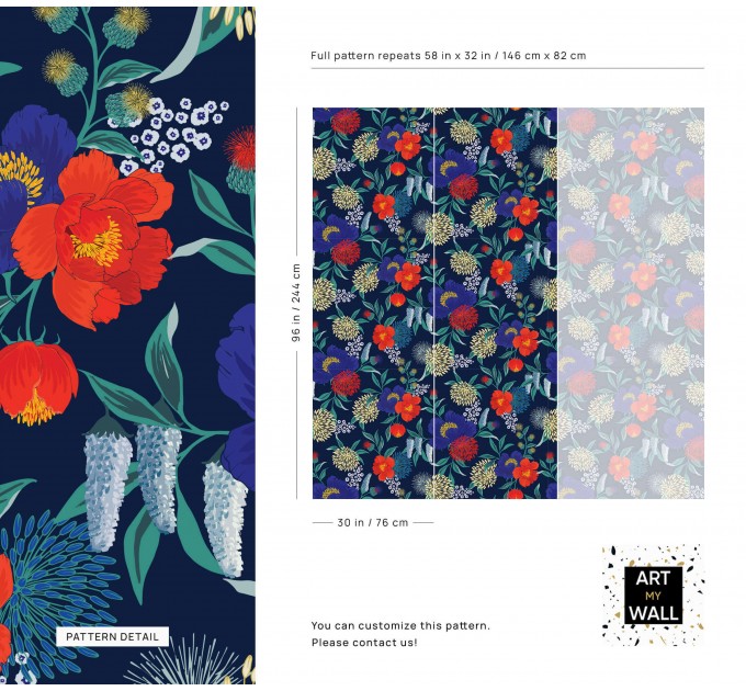 Dark blue floral wallpaper colorful flowers accent wall
