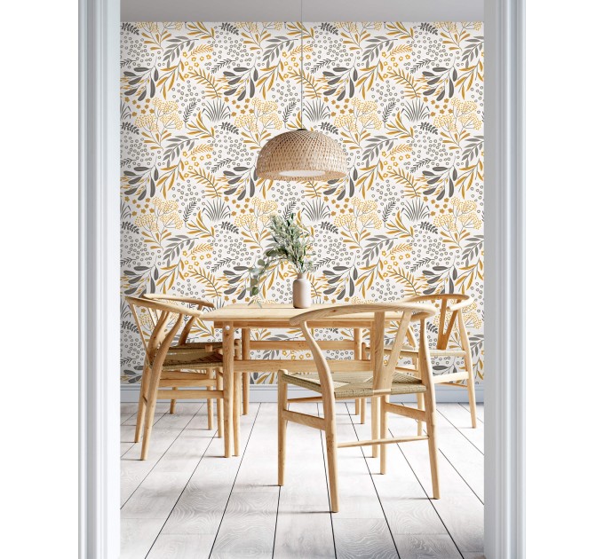 Vintage botanical wallpaper mustard yellow gray floral