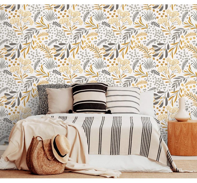 Vintage botanical wallpaper mustard yellow gray floral