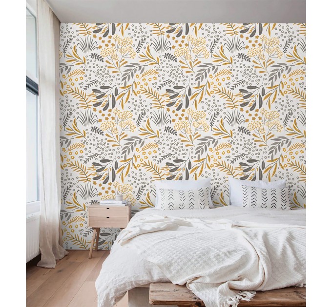 Vintage botanical wallpaper mustard yellow gray floral