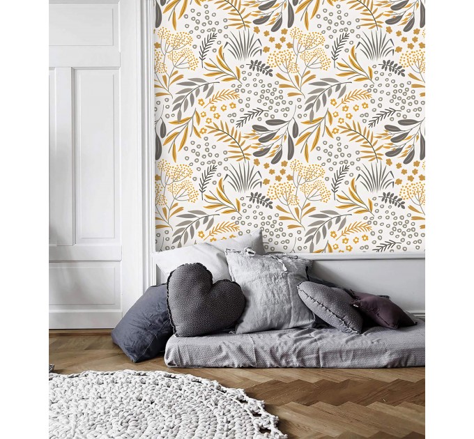 Vintage botanical wallpaper mustard yellow gray floral