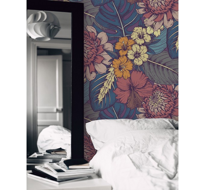 Dark floral tropical wallpaper, exotic flowers