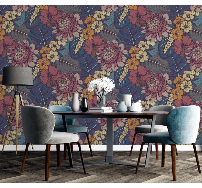 Dark floral tropical wallpaper, exotic flowers