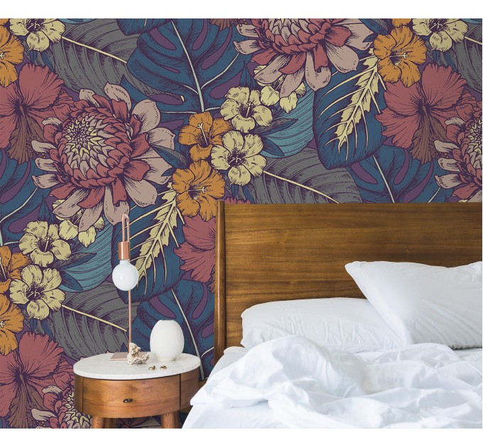 Dark floral tropical wallpaper, exotic flowers