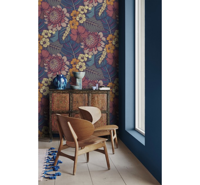 Dark floral tropical wallpaper, exotic flowers