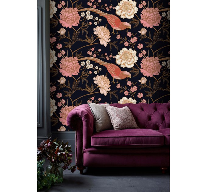 Dark floral wallpaper Chinoiserie style with birds