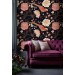 Dark floral wallpaper Chinoiserie style with birds