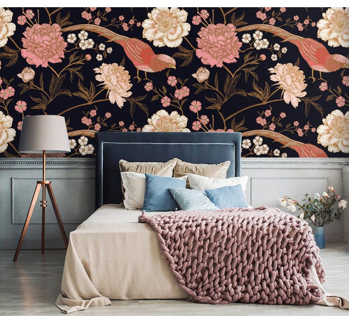 Dark floral wallpaper Chinoiserie style with birds