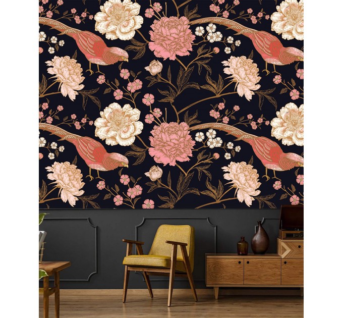 Dark floral wallpaper Chinoiserie style with birds