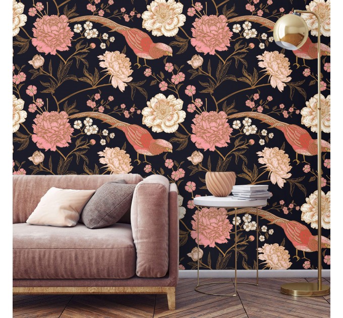 Dark floral wallpaper Chinoiserie style with birds