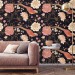 Dark floral wallpaper Chinoiserie style with birds