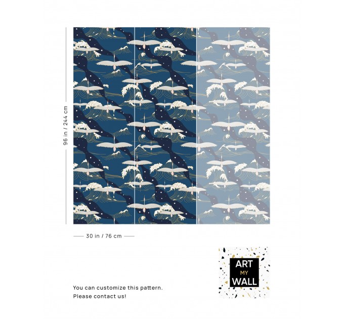 Wallpaper cranes dark navy blue wall covering