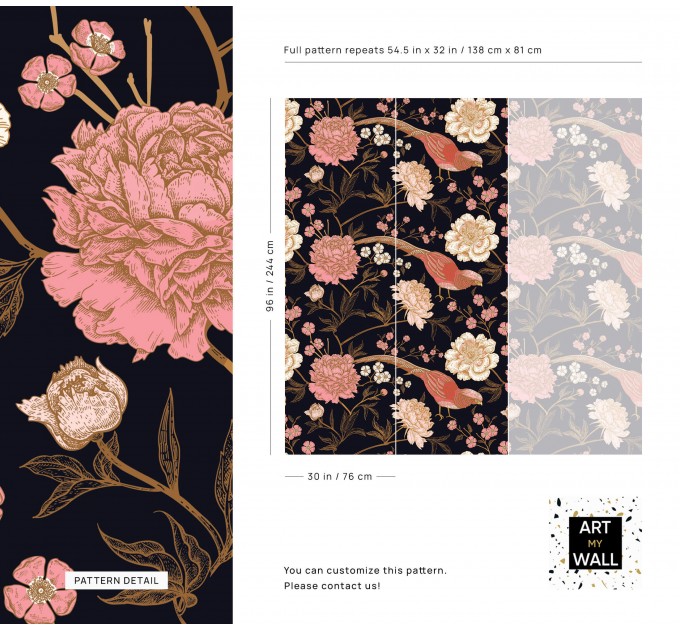 Dark floral wallpaper Chinoiserie style with birds