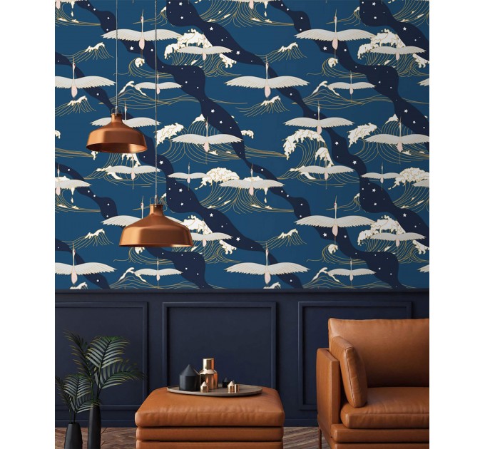 Wallpaper cranes dark navy blue wall covering