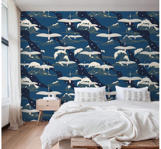 Wallpaper cranes dark navy blue wall covering