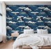 Wallpaper cranes dark navy blue wall covering
