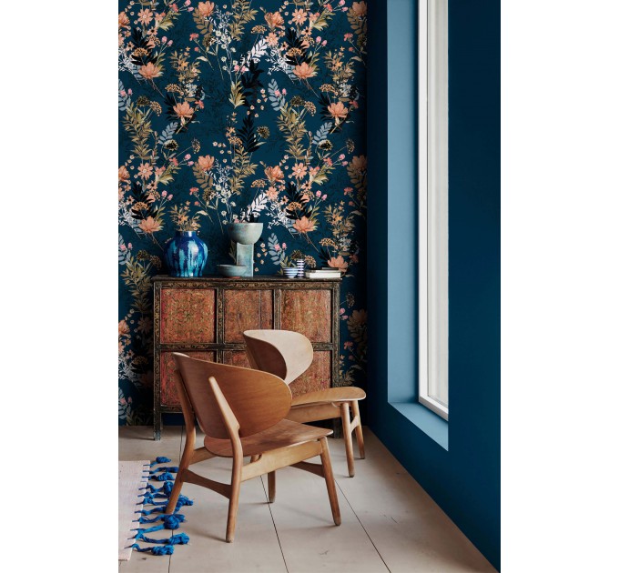 Dark floral wallpaper on navy blue background