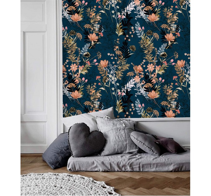 Dark floral wallpaper on navy blue background