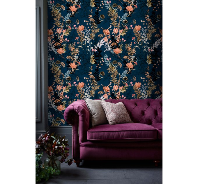 Dark floral wallpaper on navy blue background