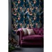 Dark floral wallpaper on navy blue background