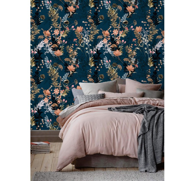 Dark floral wallpaper on navy blue background