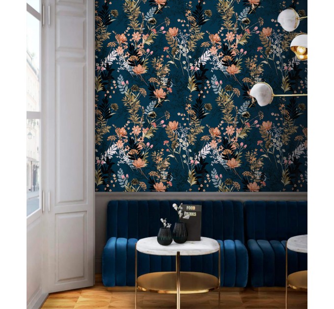 Dark floral wallpaper on navy blue background
