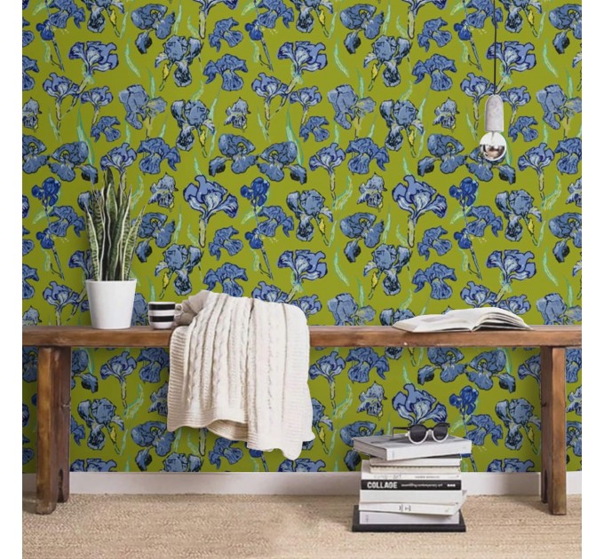 Floral wallpaper irises blue green botanical accent wall