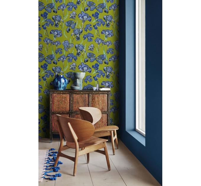Floral wallpaper irises blue green botanical accent wall