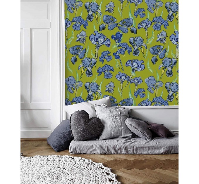 Floral wallpaper irises blue green botanical accent wall