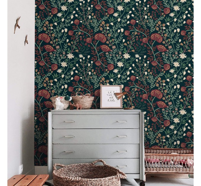 Dark floral wallpaper vintage style flowers on dark