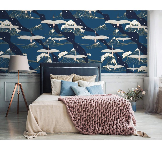 Wallpaper cranes dark navy blue wall covering