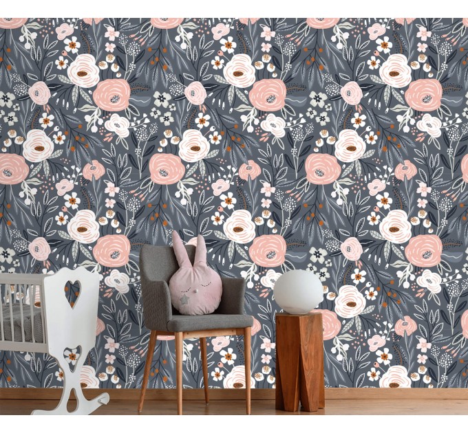 Floral accent wallpaper, girls bedroom decor