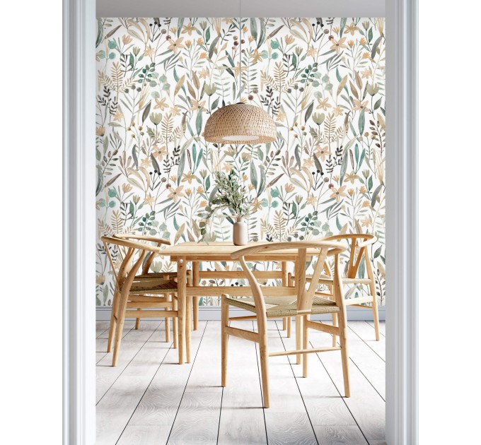 Floral meadow wallpaper, watercolor wildflowers and herbs
