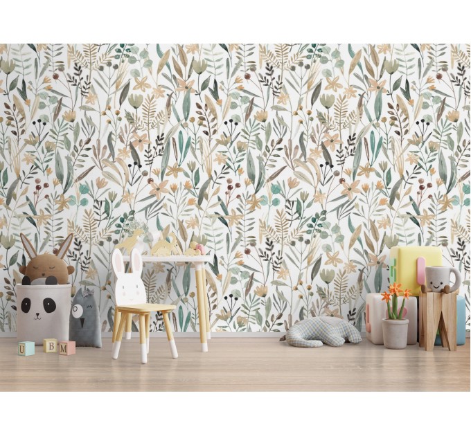 Floral meadow wallpaper, watercolor wildflowers and herbs