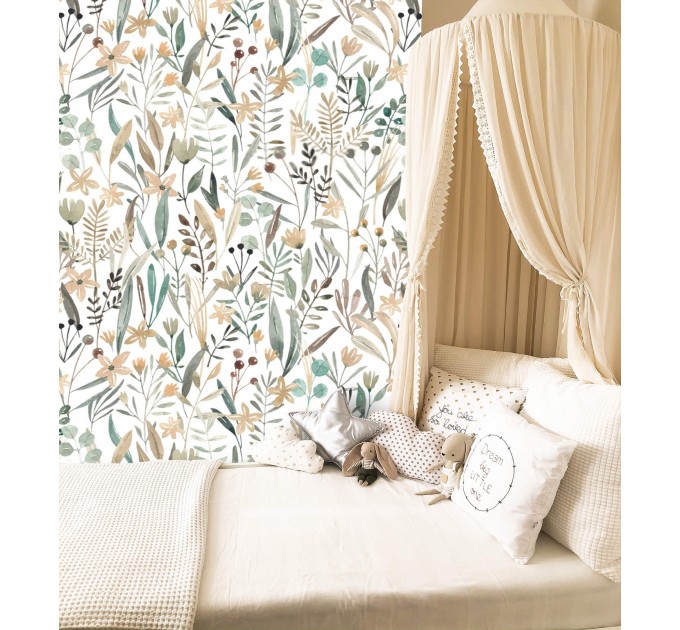 Floral meadow wallpaper, watercolor wildflowers and herbs