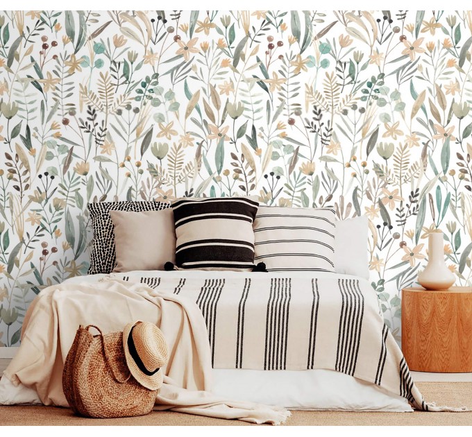 Floral meadow wallpaper, watercolor wildflowers and herbs