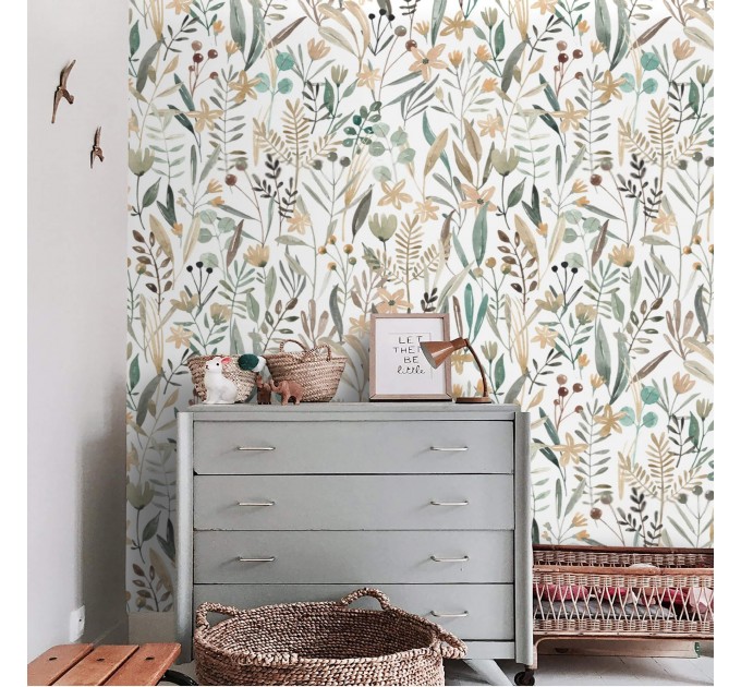 Floral meadow wallpaper, watercolor wildflowers and herbs