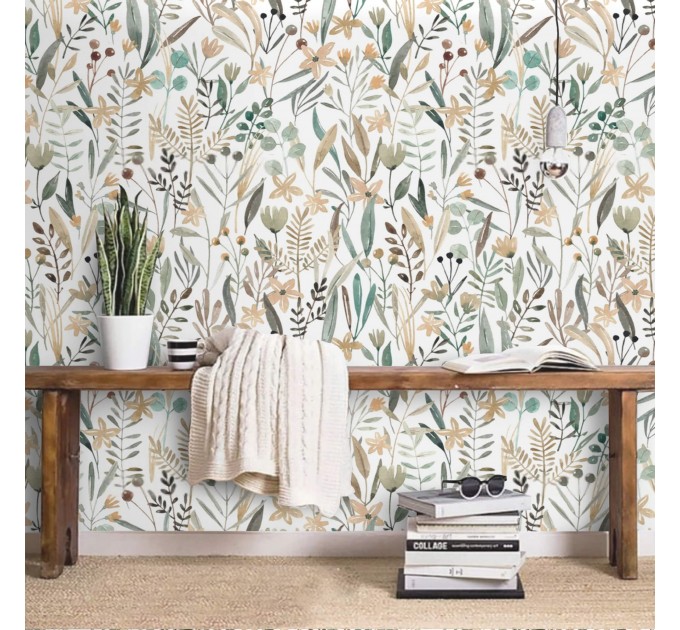 Floral meadow wallpaper, watercolor wildflowers and herbs