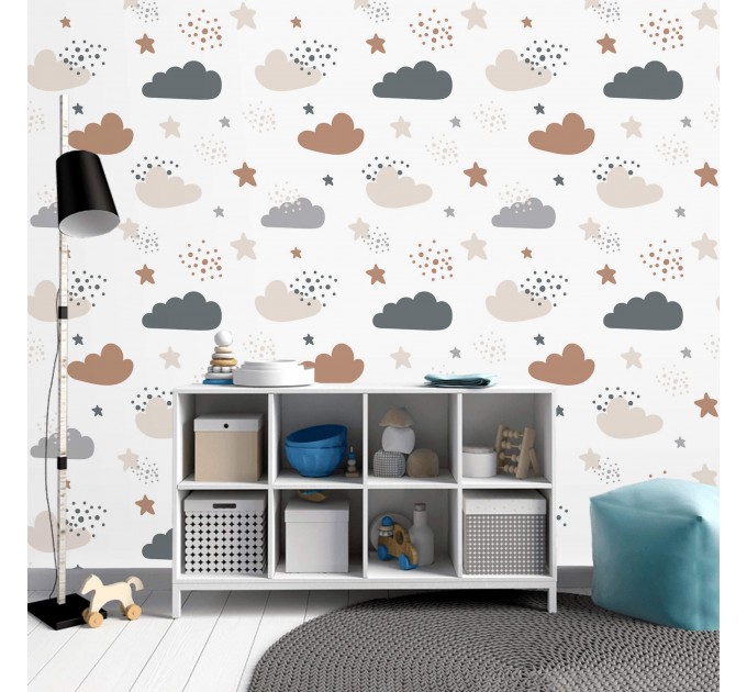 Nursery wallpaper, cute clouds for baby's boy room