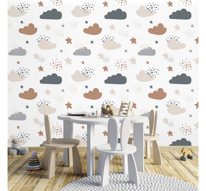 Nursery wallpaper, cute clouds for baby's boy room