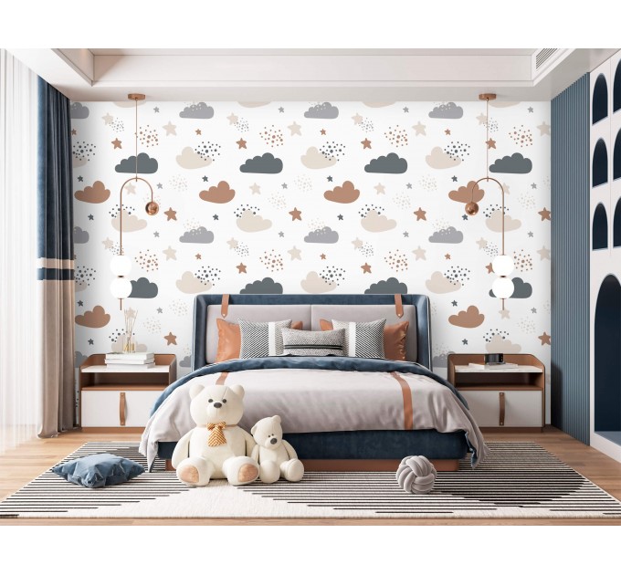 Nursery wallpaper, cute clouds for baby's boy room