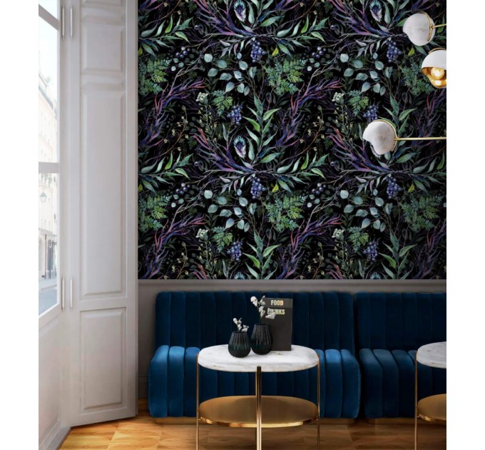 Dark botanical watercolor leaves and herbs wallpaper