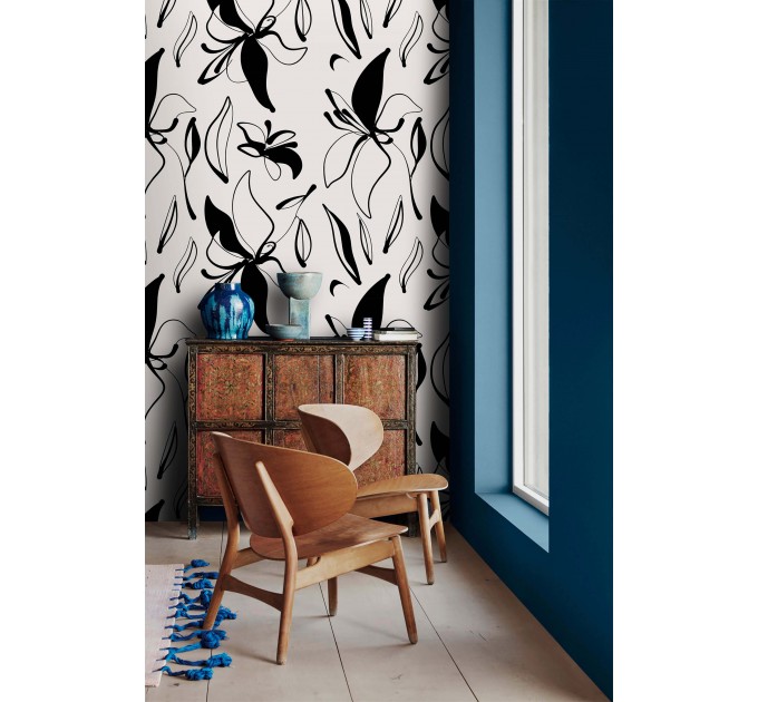 Floral wallpaper minimalist abstract flowers black and white