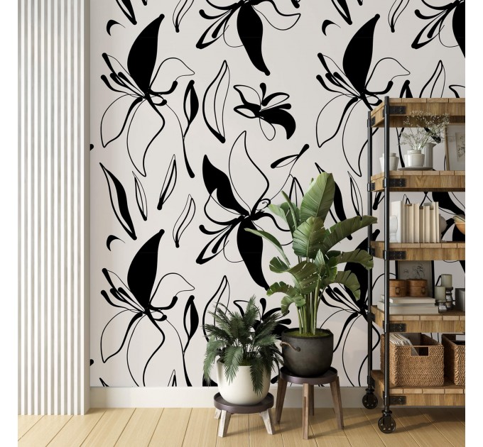 Floral wallpaper minimalist abstract flowers black and white