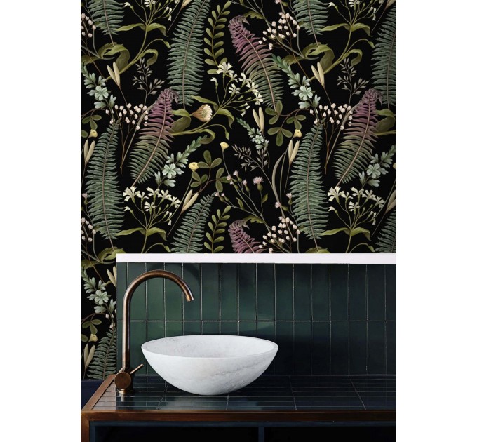 Dark botanical wallpaper herbs and leaves Moody accent wall