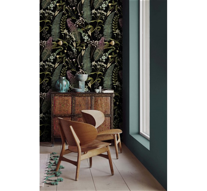 Dark botanical wallpaper herbs and leaves Moody accent wall