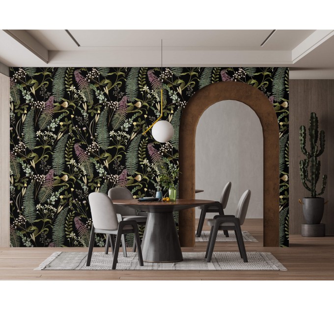 Dark botanical wallpaper herbs and leaves Moody accent wall