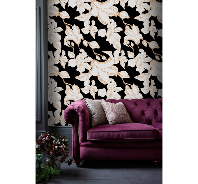 Statement floral wallpaper, white flowers on black